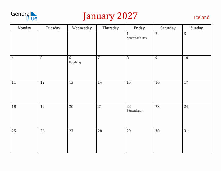 Iceland January 2027 Calendar - Monday Start
