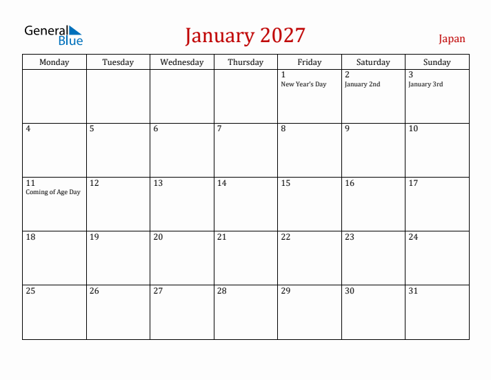 Japan January 2027 Calendar - Monday Start