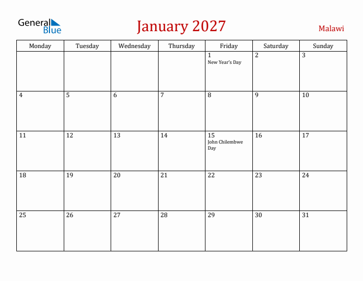 Malawi January 2027 Calendar - Monday Start