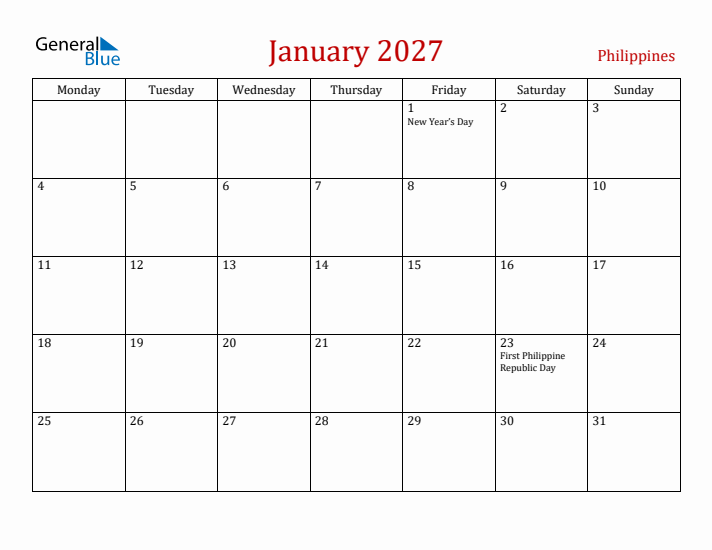 Philippines January 2027 Calendar - Monday Start