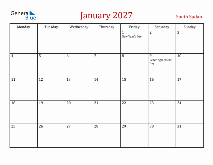 South Sudan January 2027 Calendar - Monday Start