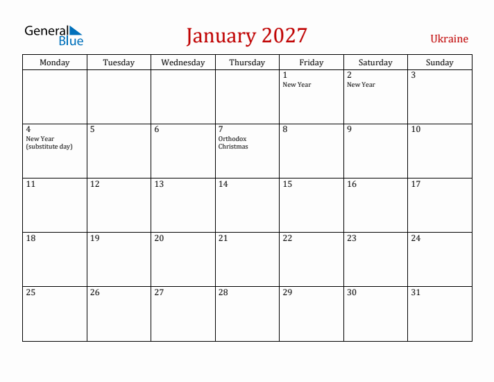Ukraine January 2027 Calendar - Monday Start