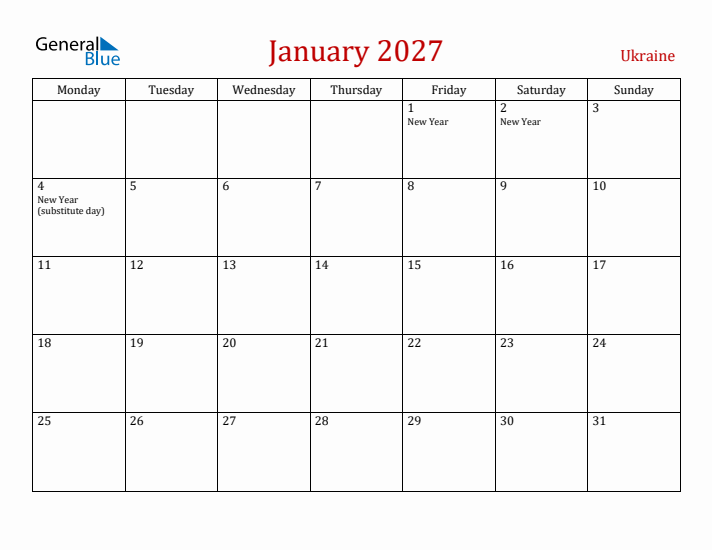 Ukraine January 2027 Calendar - Monday Start