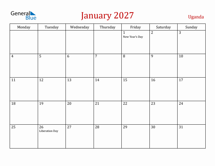 Uganda January 2027 Calendar - Monday Start