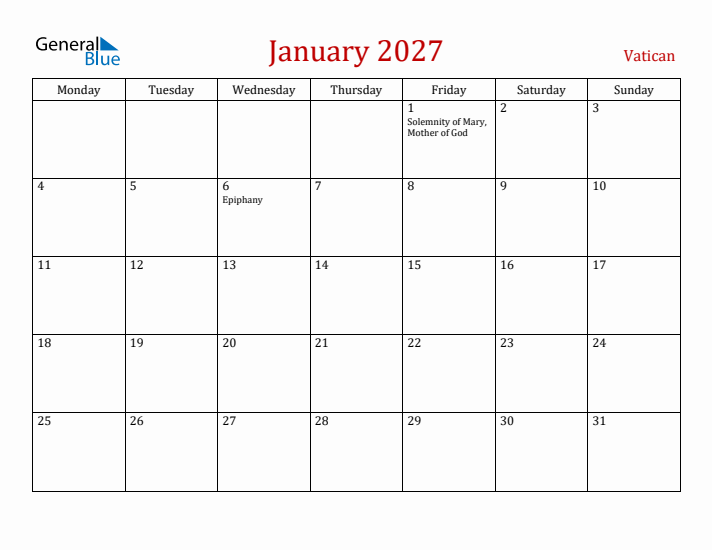 Vatican January 2027 Calendar - Monday Start