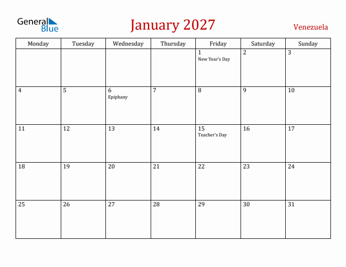 Venezuela January 2027 Calendar - Monday Start