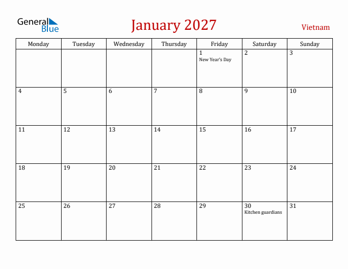 Vietnam January 2027 Calendar - Monday Start