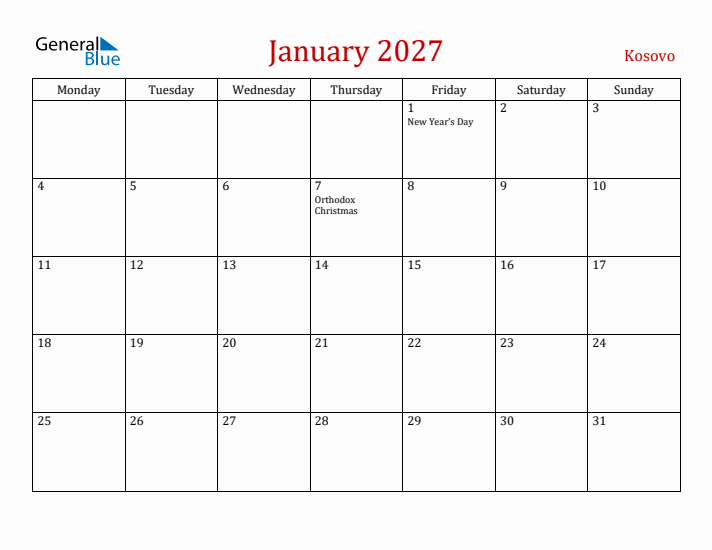 Kosovo January 2027 Calendar - Monday Start