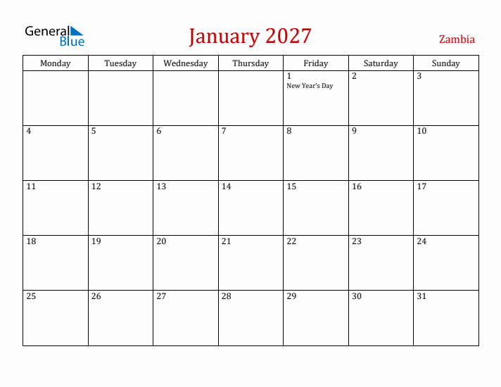 Zambia January 2027 Calendar - Monday Start