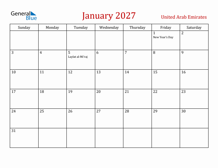 United Arab Emirates January 2027 Calendar - Sunday Start