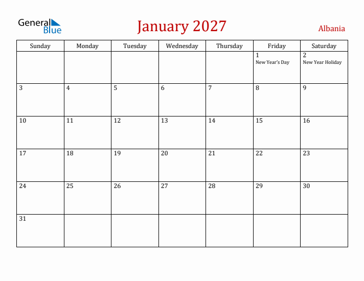 Albania January 2027 Calendar - Sunday Start