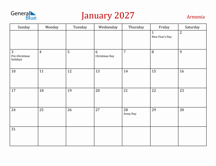 Armenia January 2027 Calendar - Sunday Start