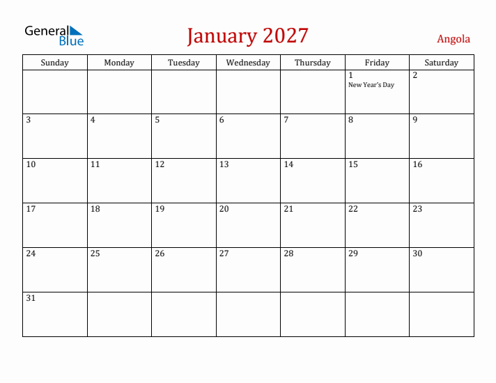 Angola January 2027 Calendar - Sunday Start
