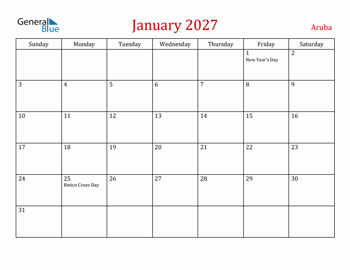 Aruba January 2027 Calendar - Sunday Start