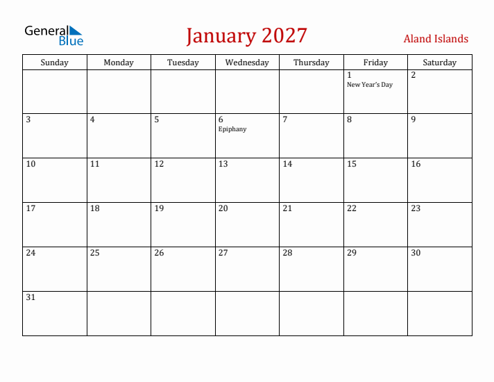 Aland Islands January 2027 Calendar - Sunday Start