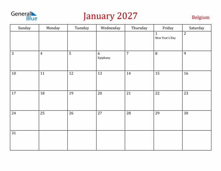 Belgium January 2027 Calendar - Sunday Start