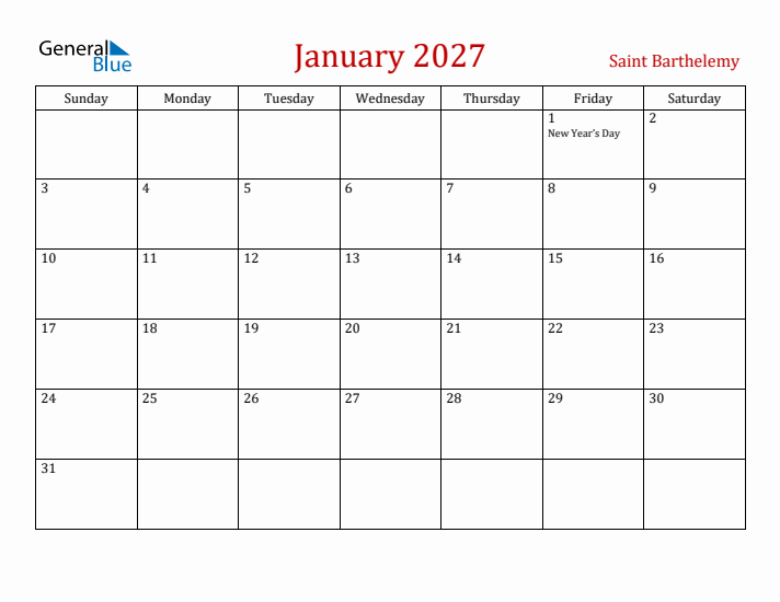 Saint Barthelemy January 2027 Calendar - Sunday Start