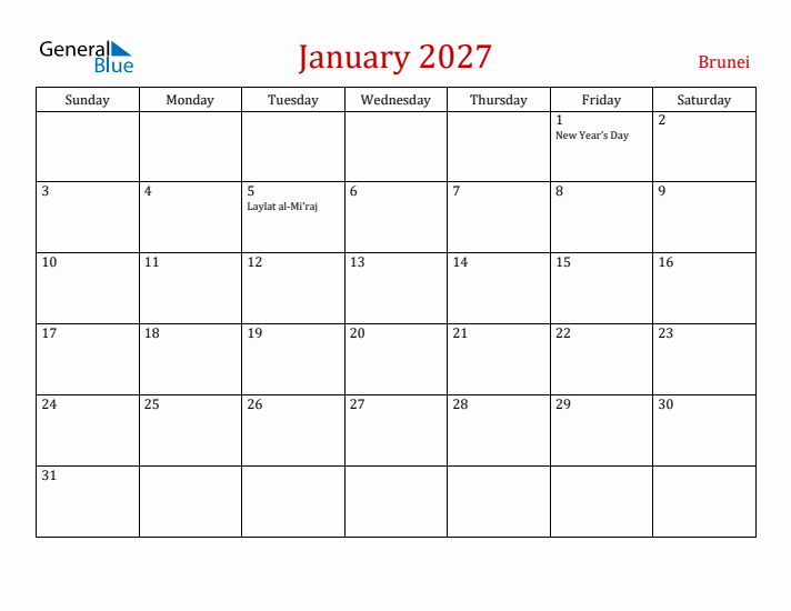 Brunei January 2027 Calendar - Sunday Start