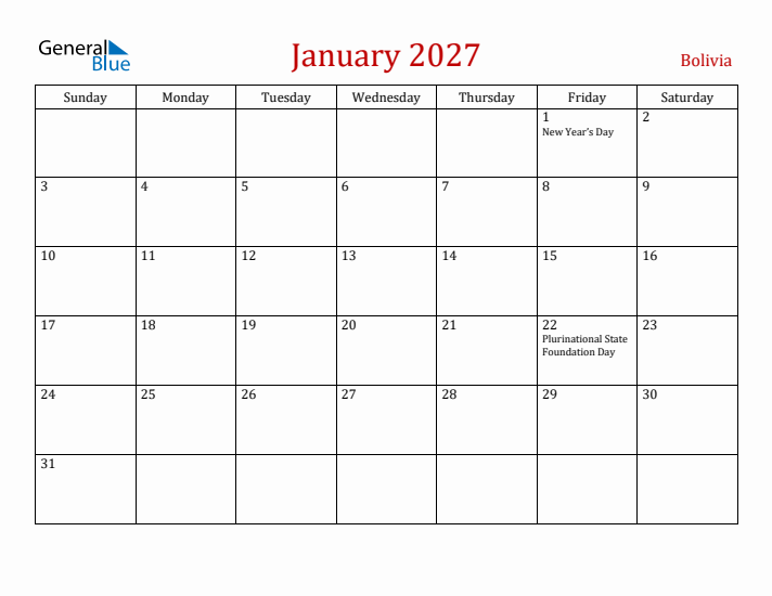 Bolivia January 2027 Calendar - Sunday Start