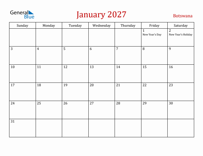 Botswana January 2027 Calendar - Sunday Start