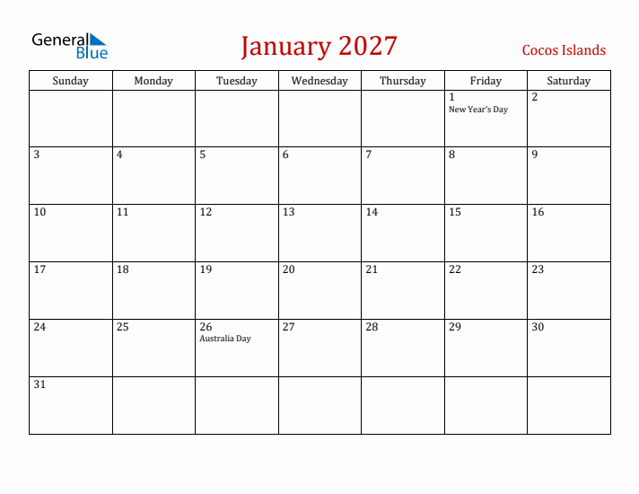 Cocos Islands January 2027 Calendar - Sunday Start