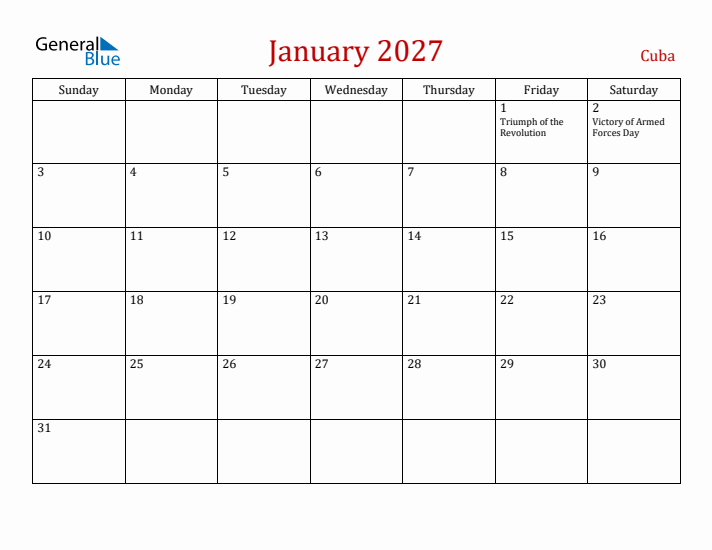 Cuba January 2027 Calendar - Sunday Start