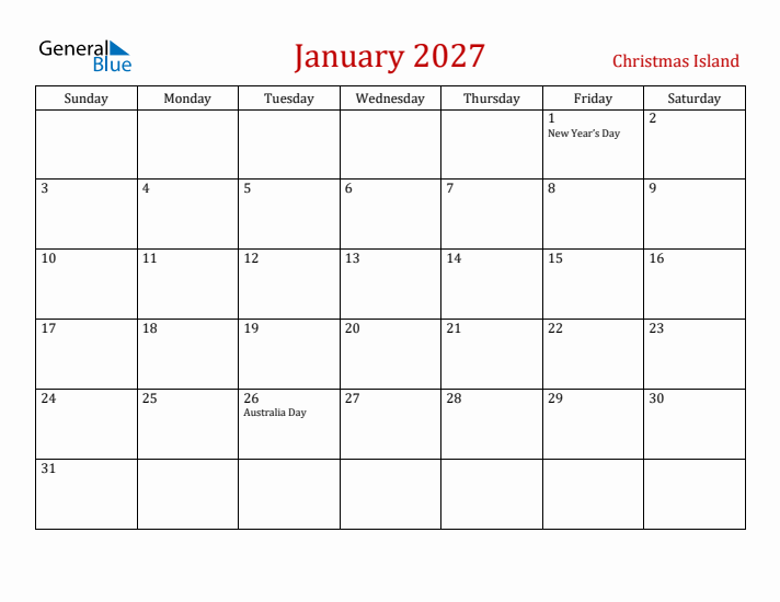 Christmas Island January 2027 Calendar - Sunday Start