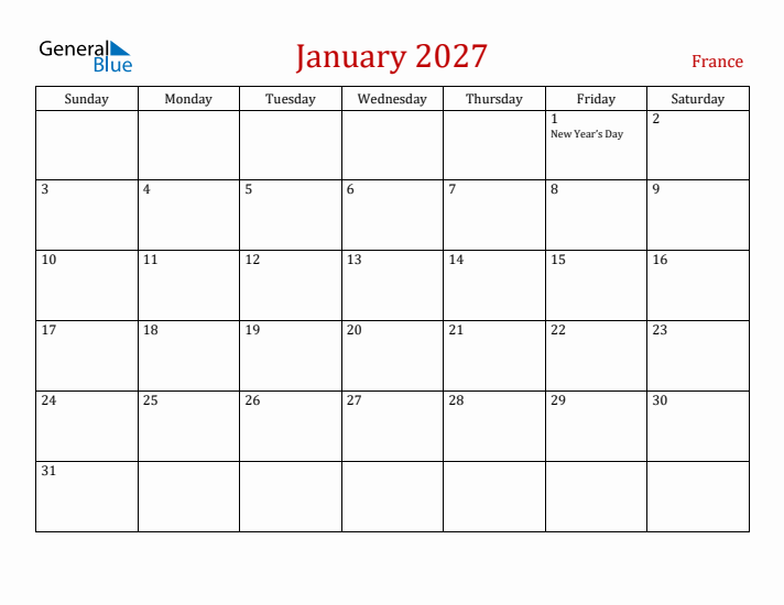 France January 2027 Calendar - Sunday Start