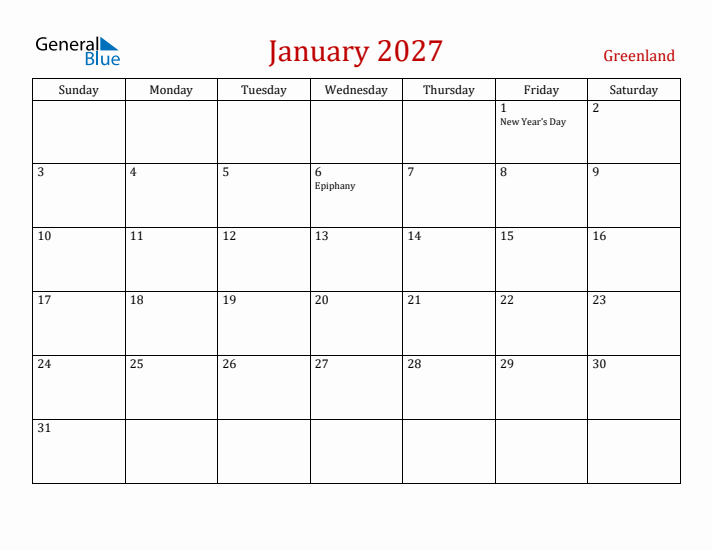 Greenland January 2027 Calendar - Sunday Start