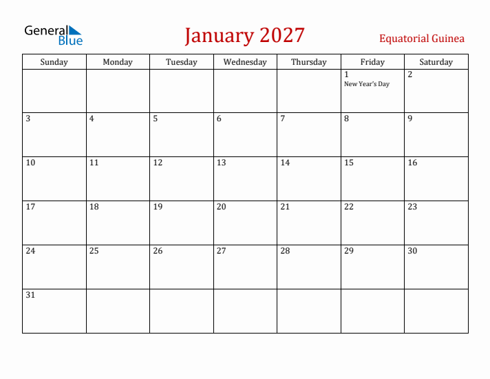 Equatorial Guinea January 2027 Calendar - Sunday Start
