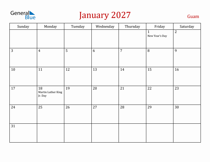 Guam January 2027 Calendar - Sunday Start