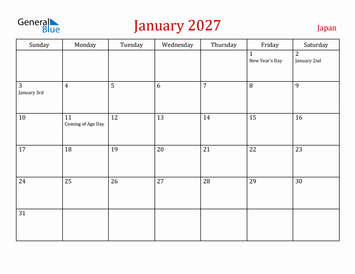 Japan January 2027 Calendar - Sunday Start