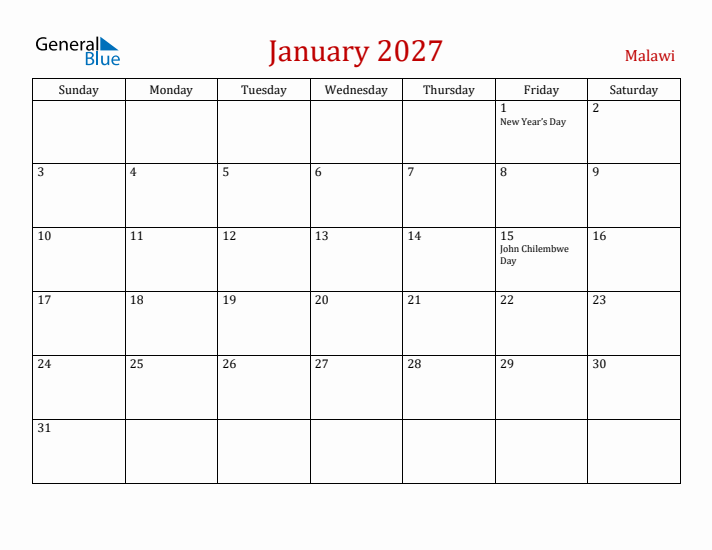 Malawi January 2027 Calendar - Sunday Start