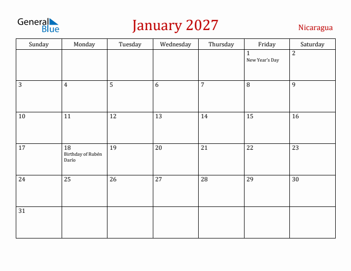 Nicaragua January 2027 Calendar - Sunday Start
