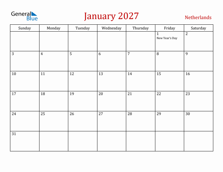 The Netherlands January 2027 Calendar - Sunday Start