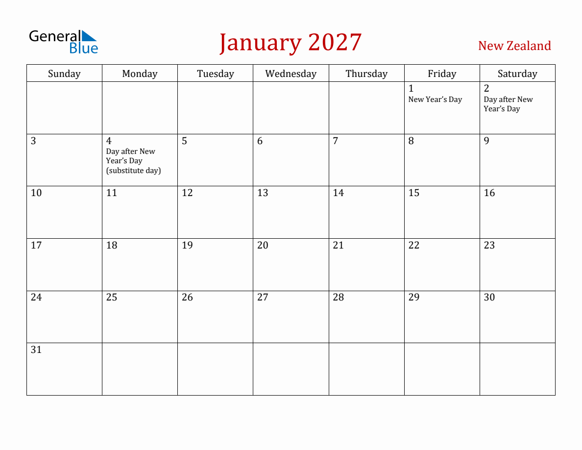 January 2027 New Zealand Monthly Calendar with Holidays