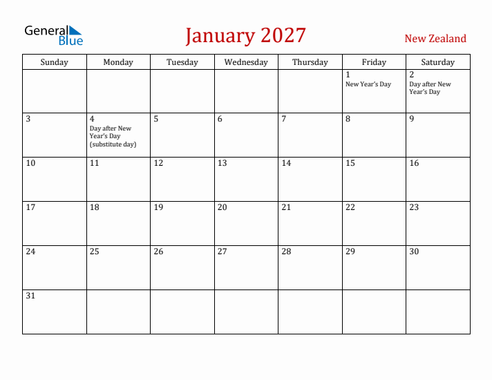 New Zealand January 2027 Calendar - Sunday Start