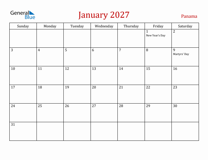 Panama January 2027 Calendar - Sunday Start