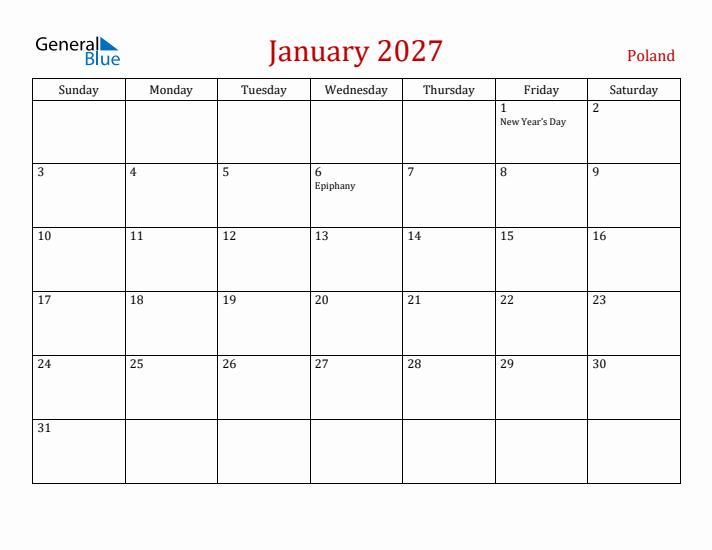 Poland January 2027 Calendar - Sunday Start