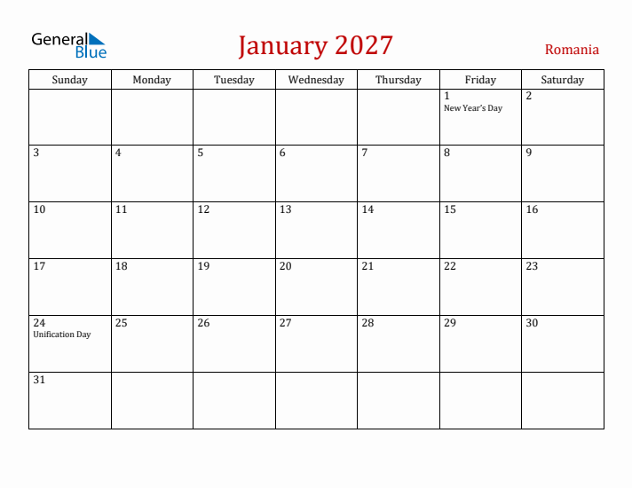 Romania January 2027 Calendar - Sunday Start