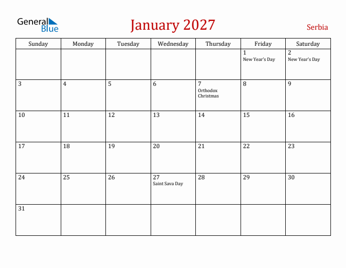 Serbia January 2027 Calendar - Sunday Start