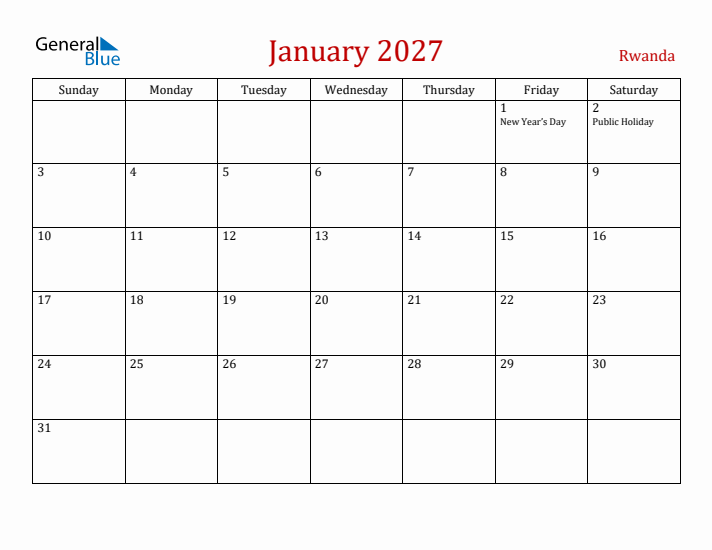 Rwanda January 2027 Calendar - Sunday Start