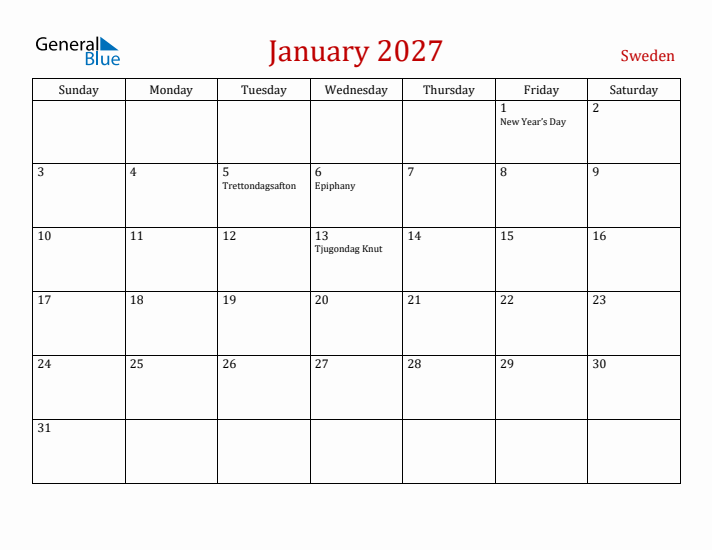 Sweden January 2027 Calendar - Sunday Start