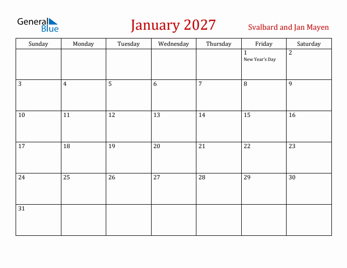 Svalbard and Jan Mayen January 2027 Calendar - Sunday Start