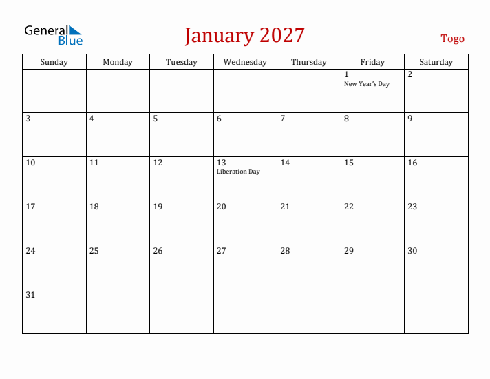 Togo January 2027 Calendar - Sunday Start