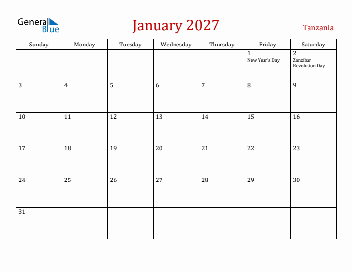 Tanzania January 2027 Calendar - Sunday Start