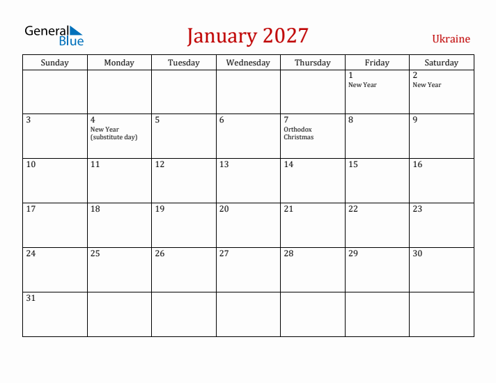 Ukraine January 2027 Calendar - Sunday Start