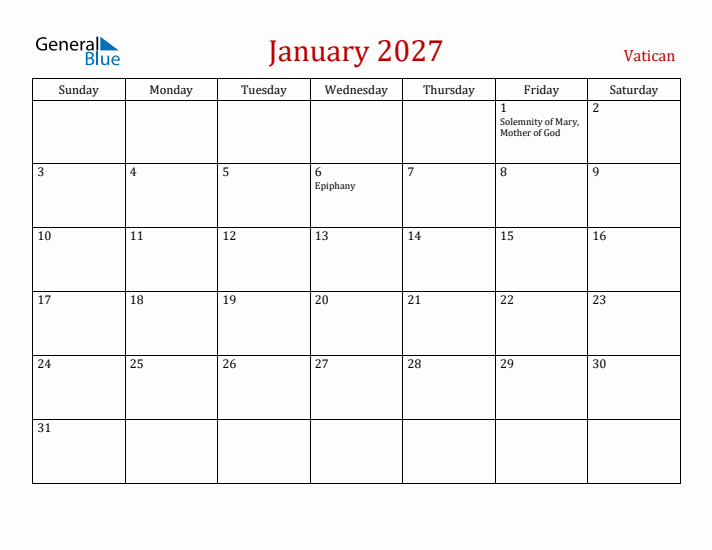 Vatican January 2027 Calendar - Sunday Start