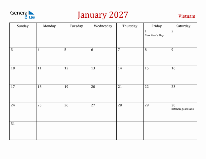 Vietnam January 2027 Calendar - Sunday Start