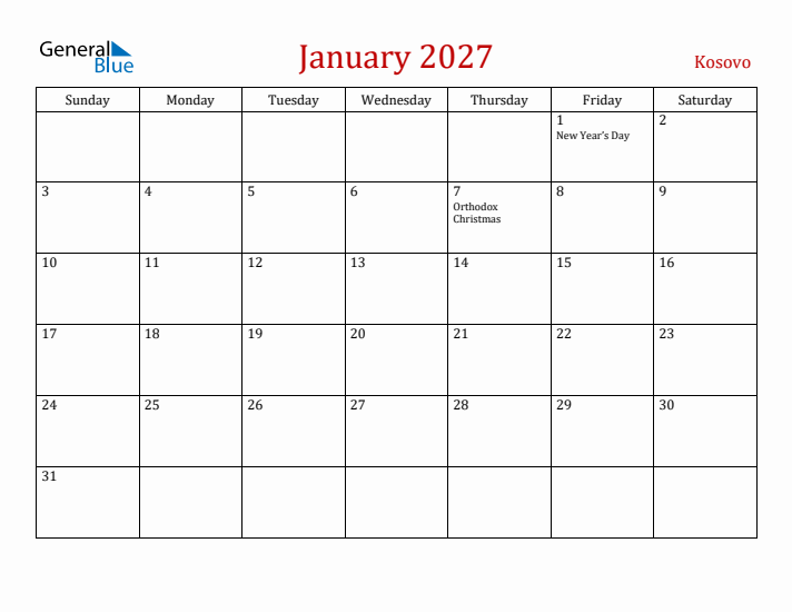 Kosovo January 2027 Calendar - Sunday Start